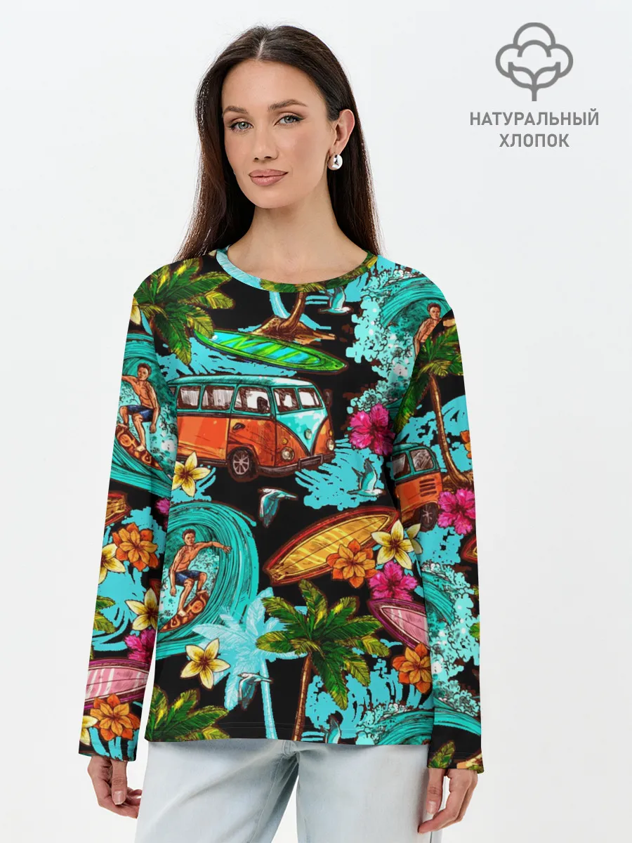 Лонгслив женский. Хлопок / Пальмы, волны, серфинг