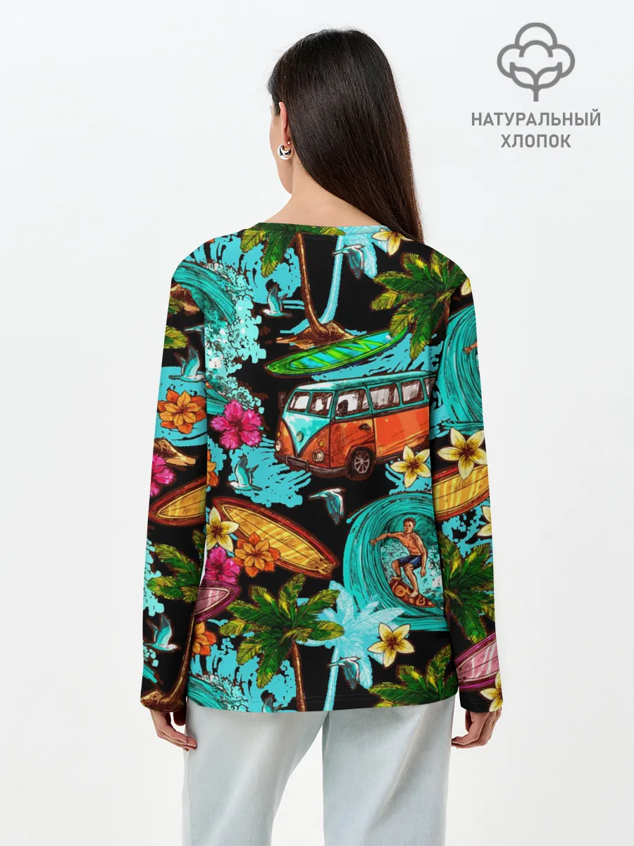 Лонгслив женский. Хлопок / Пальмы, волны, серфинг