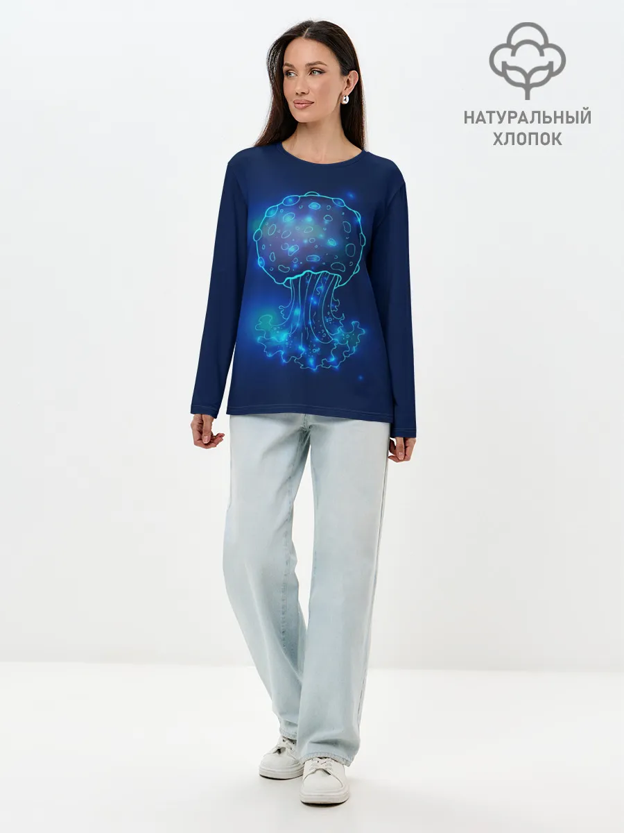 Лонгслив женский. Хлопок / Медуза на синем