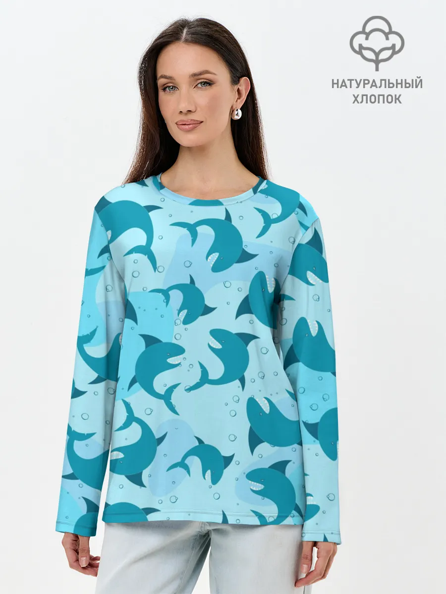 Лонгслив женский. Хлопок / Акулы