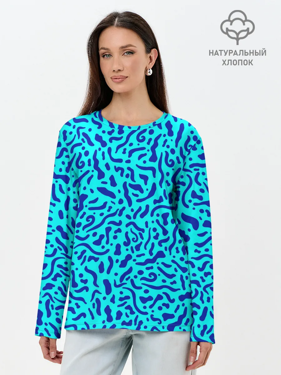 Лонгслив женский. Хлопок / Неоновые синие узоры