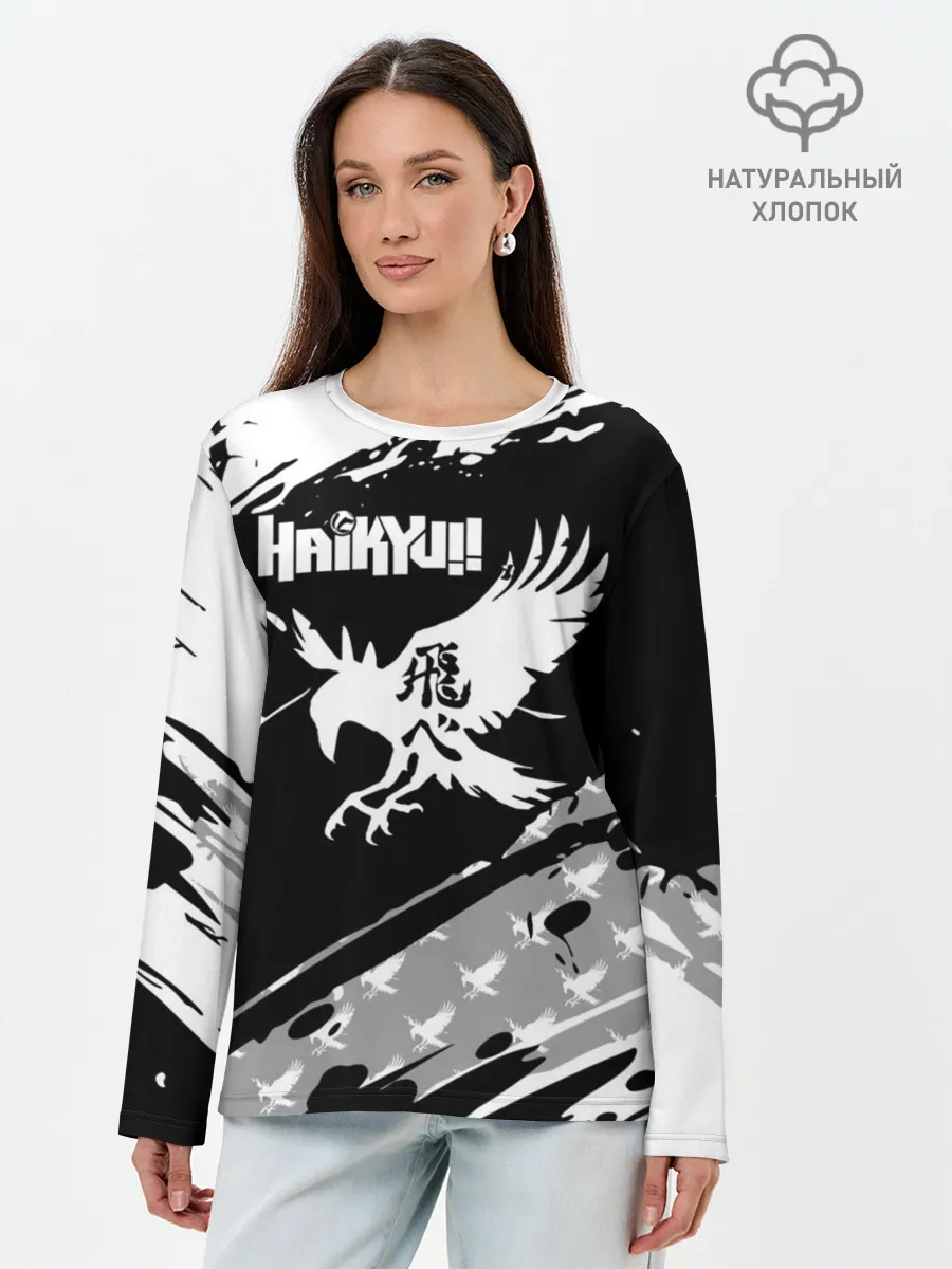 Лонгслив женский. Хлопок / Haikyuu!! Ворон иероглиф