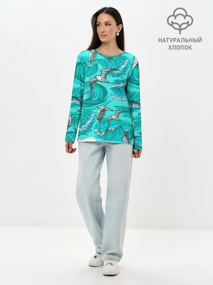 Лонгслив женский. Хлопок / Чайки в море