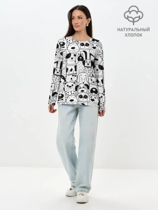 Лонгслив женский. Хлопок / Собаки черно-белое