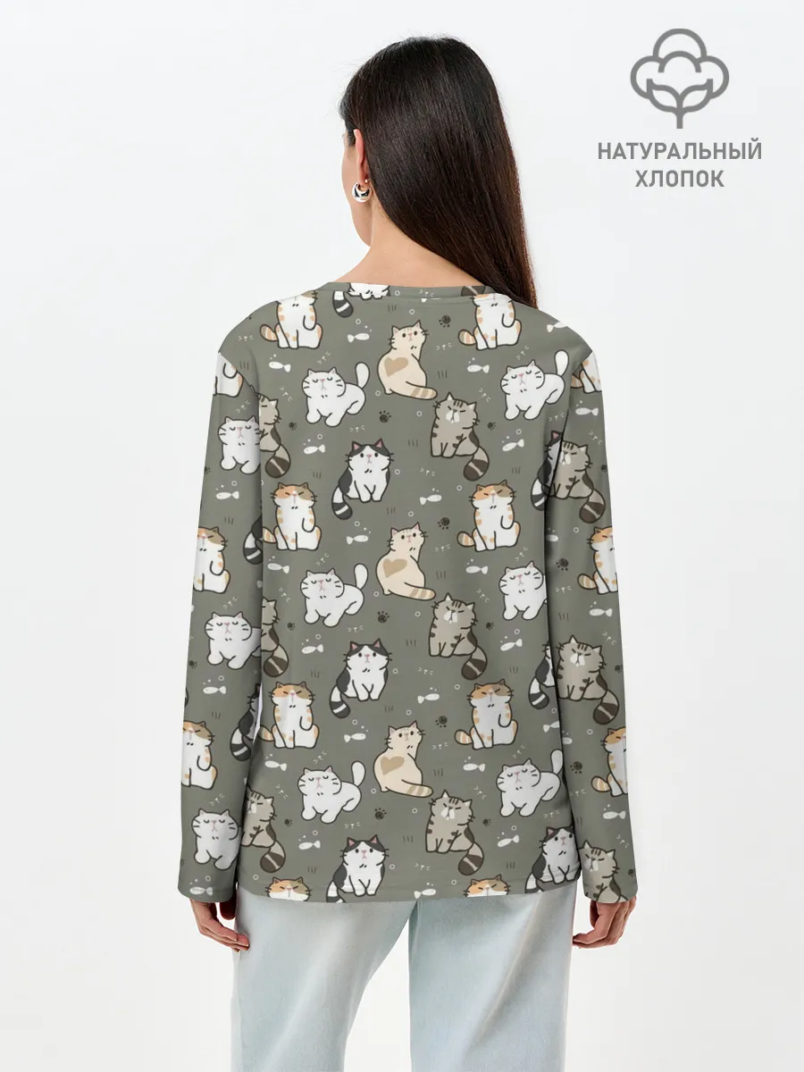 Лонгслив женский. Хлопок / Кошечки с рыбками