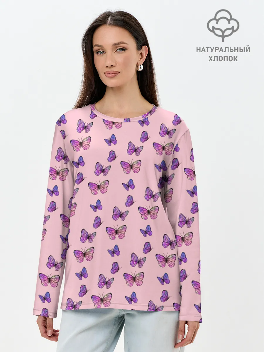 Лонгслив женский. Хлопок / Бабочки фиолетовые | 2