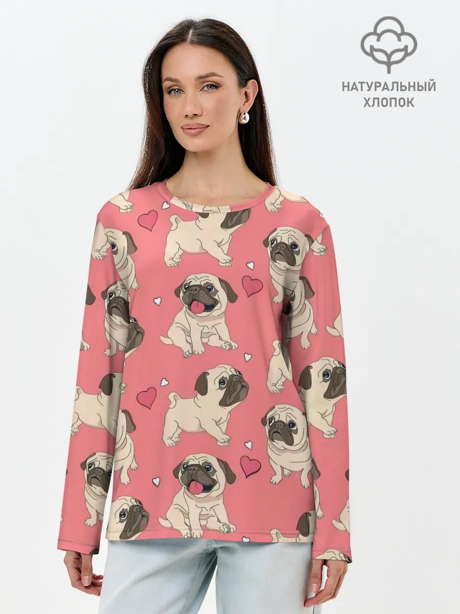 Лонгслив женский. Хлопок / Мопсики и Сердечки
