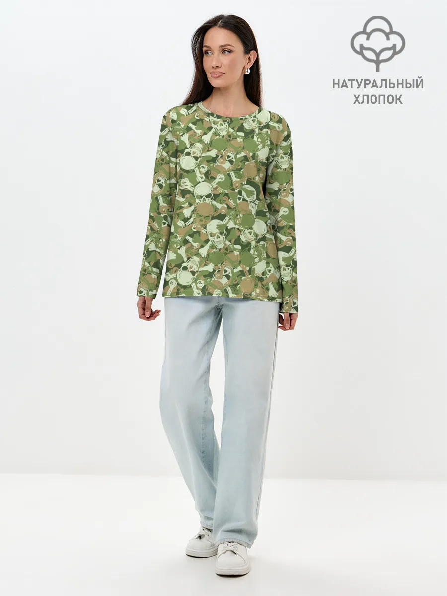 Лонгслив женский. Хлопок / Камуфляж из черепов