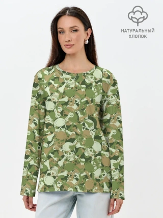 Лонгслив женский. Хлопок / Камуфляж из черепов