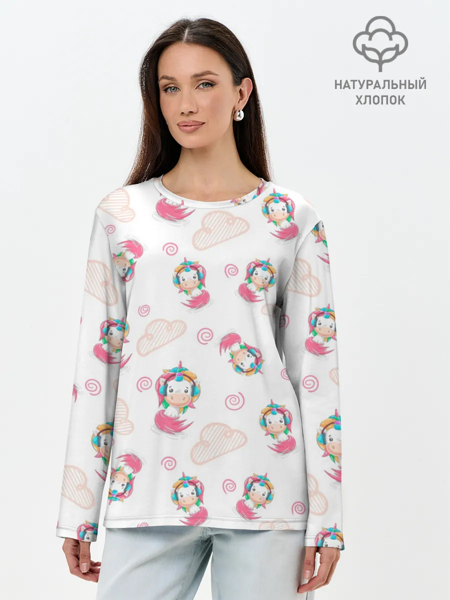 Лонгслив женский. Хлопок / Радужные Единороги