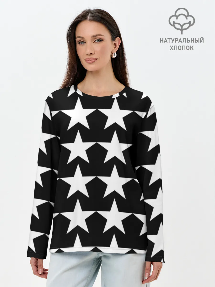 Лонгслив женский. Хлопок / Белые звёзды на чёрном фоне