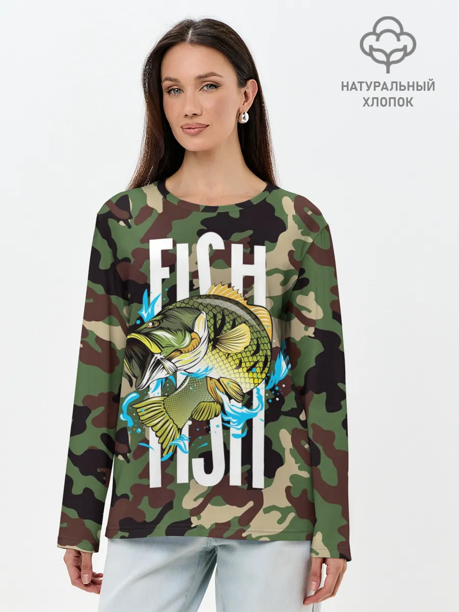 Лонгслив женский. Хлопок / Рыблака камуфляж