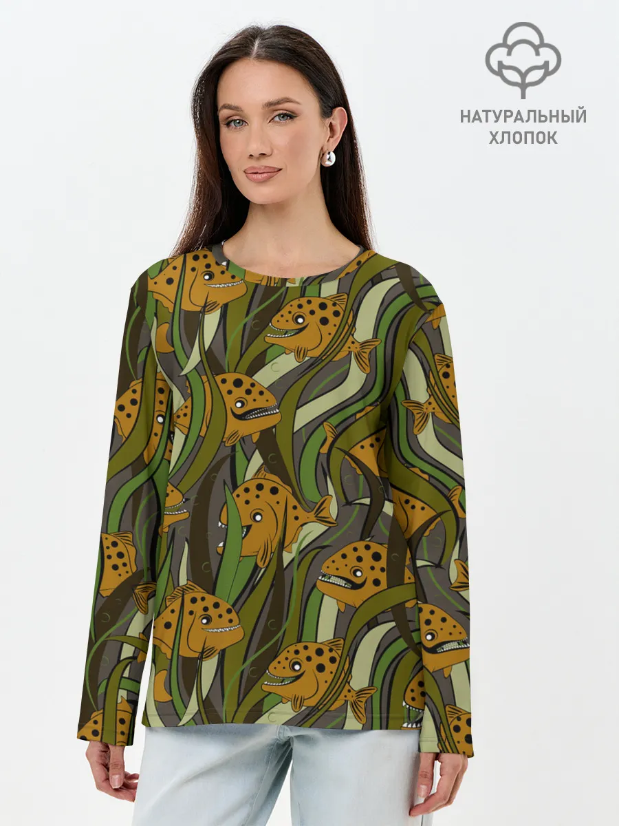 Лонгслив женский. Хлопок / Пираньи камуфляж