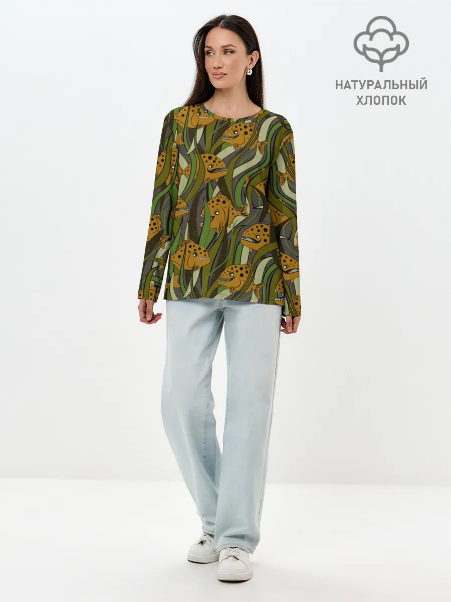 Лонгслив женский. Хлопок / Пираньи камуфляж