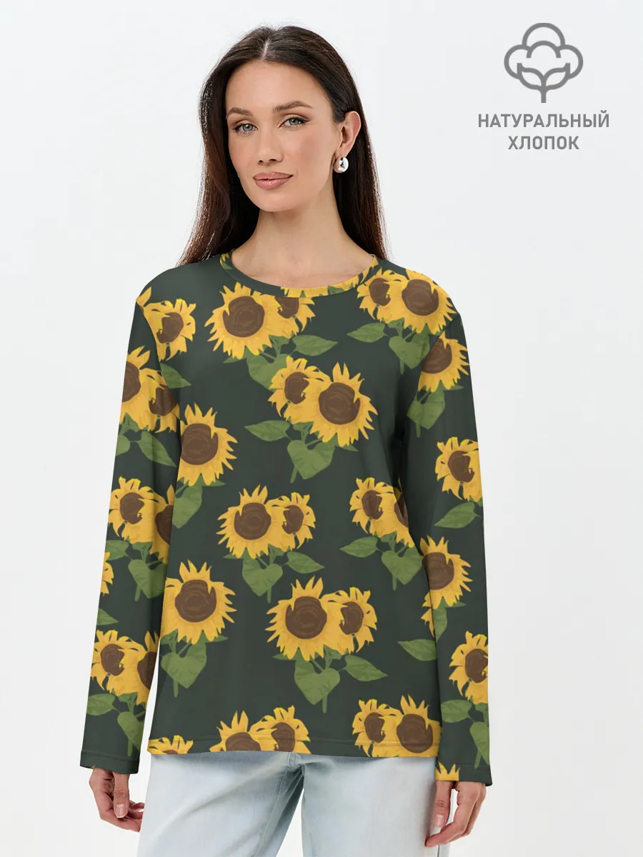 Лонгслив женский. Хлопок / Подсолнухи