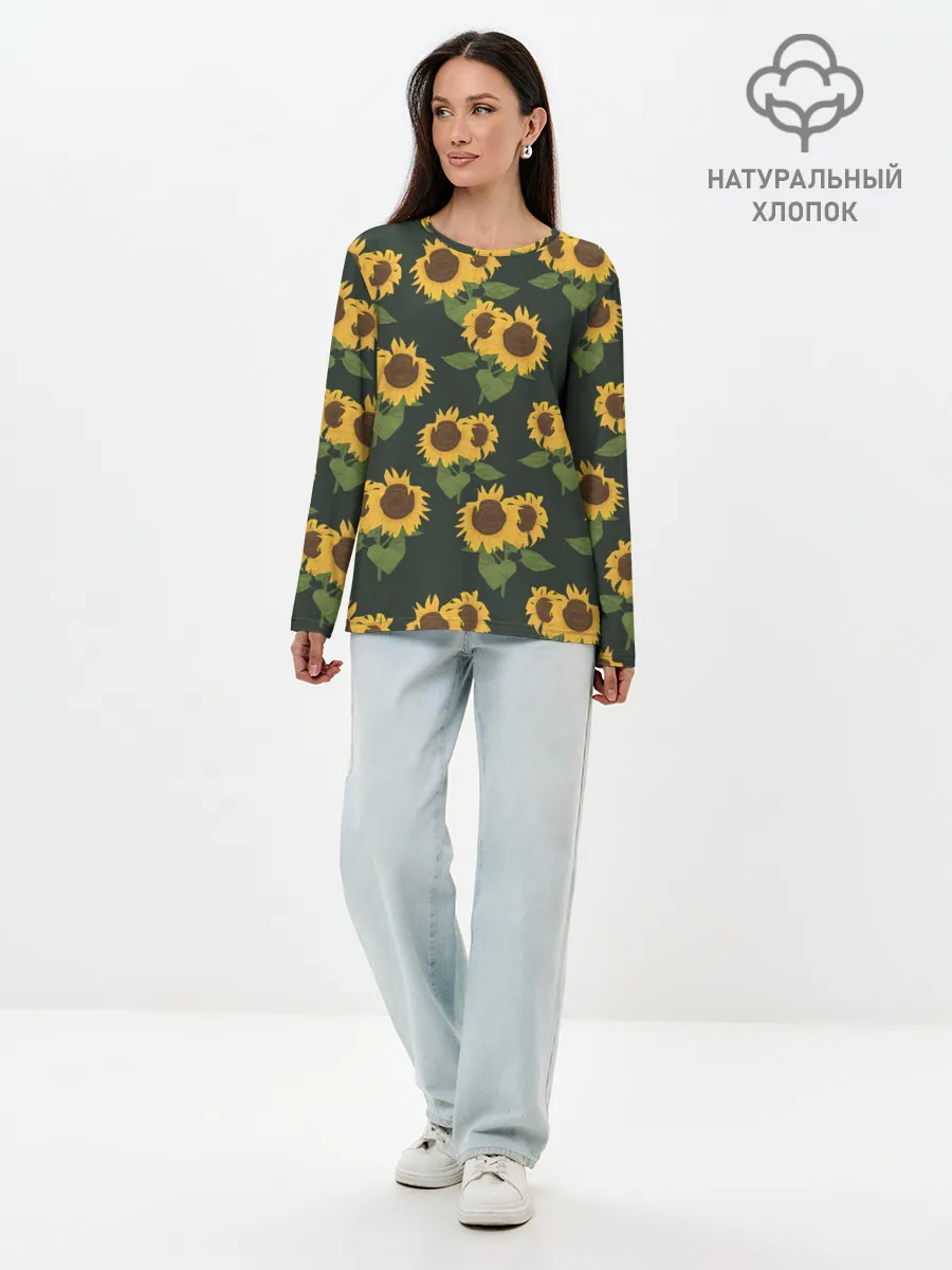 Лонгслив женский. Хлопок / Подсолнухи