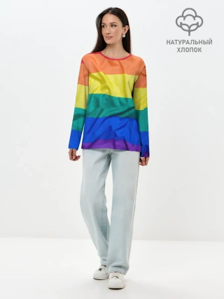 Лонгслив женский. Хлопок / Радуга - мятая ткань полотно