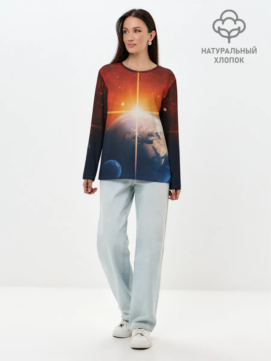Лонгслив женский. Хлопок / Космос земля 3D