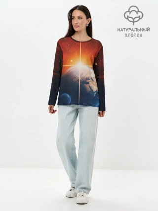 Лонгслив женский. Хлопок / Космос земля 3D