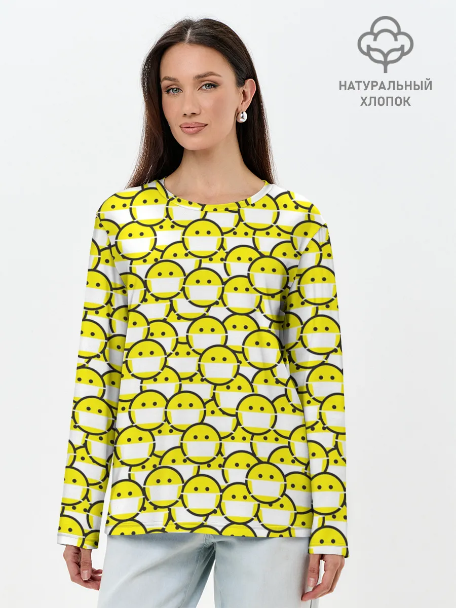 Лонгслив женский. Хлопок / Смайлики в Масках