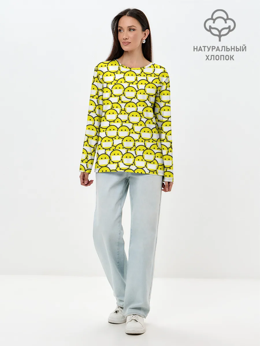 Лонгслив женский. Хлопок / Смайлики в Масках
