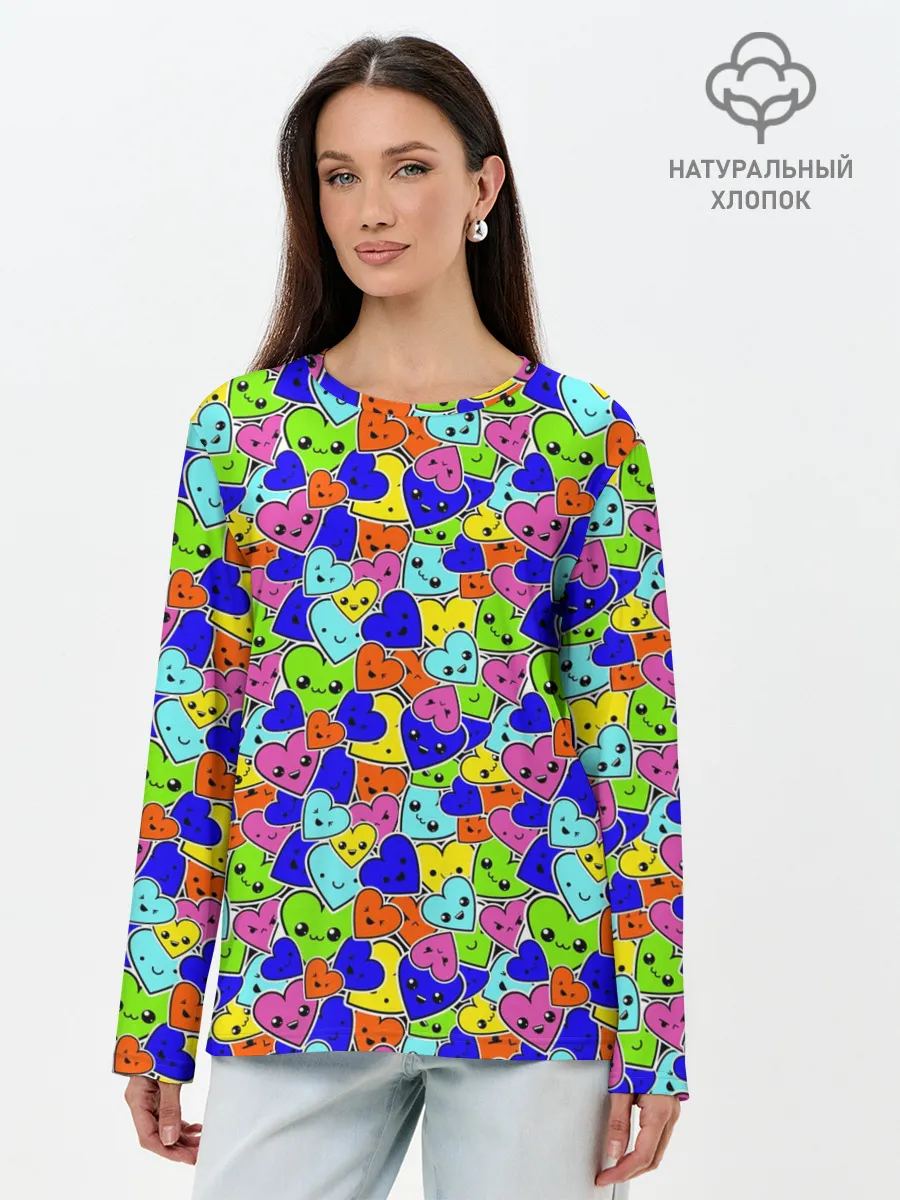 Лонгслив женский. Хлопок / Сердечки