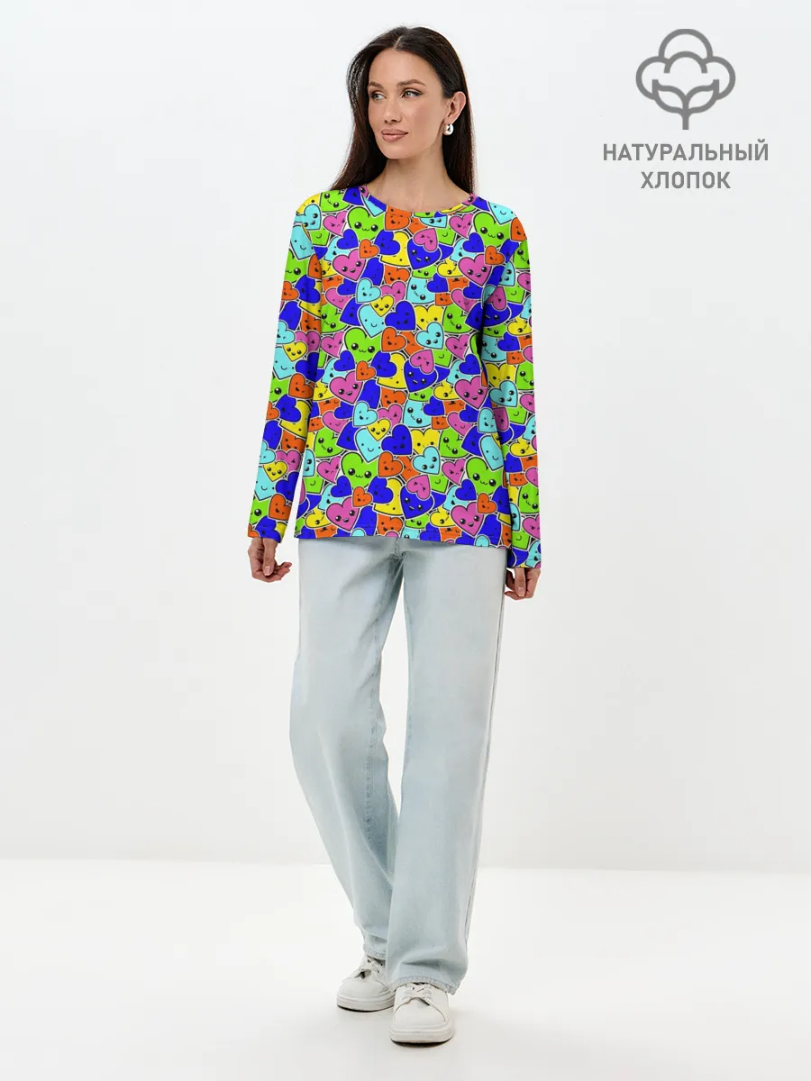 Лонгслив женский. Хлопок / Сердечки