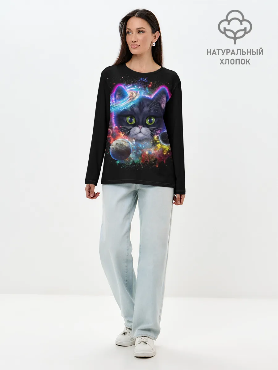 Лонгслив женский. Хлопок / Космический котик и планеты