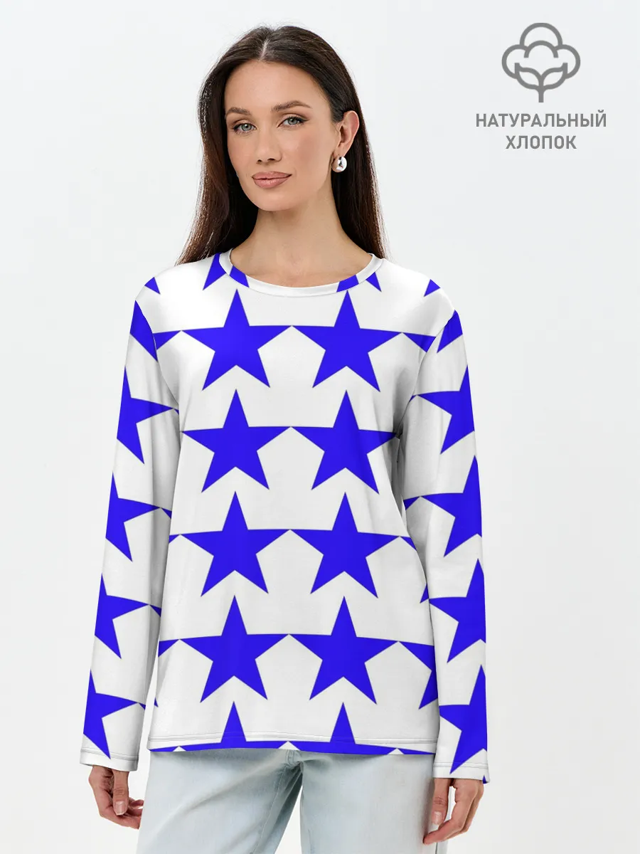 Лонгслив женский. Хлопок / Синие звёзды на белом фоне