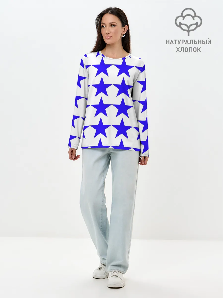 Лонгслив женский. Хлопок / Синие звёзды на белом фоне