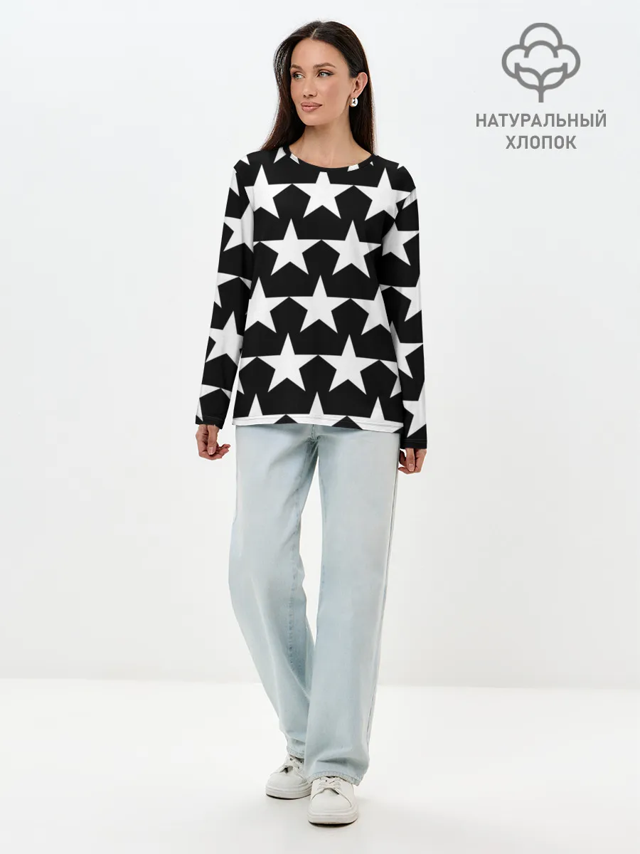 Лонгслив женский. Хлопок / Белые звёзды на чёрном фоне 2
