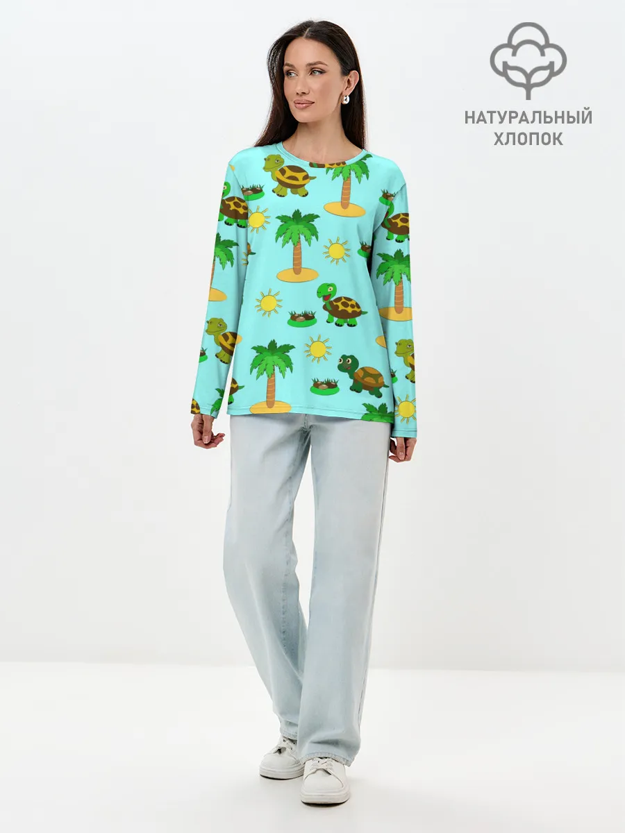 Лонгслив женский. Хлопок / черепашки и пальмы