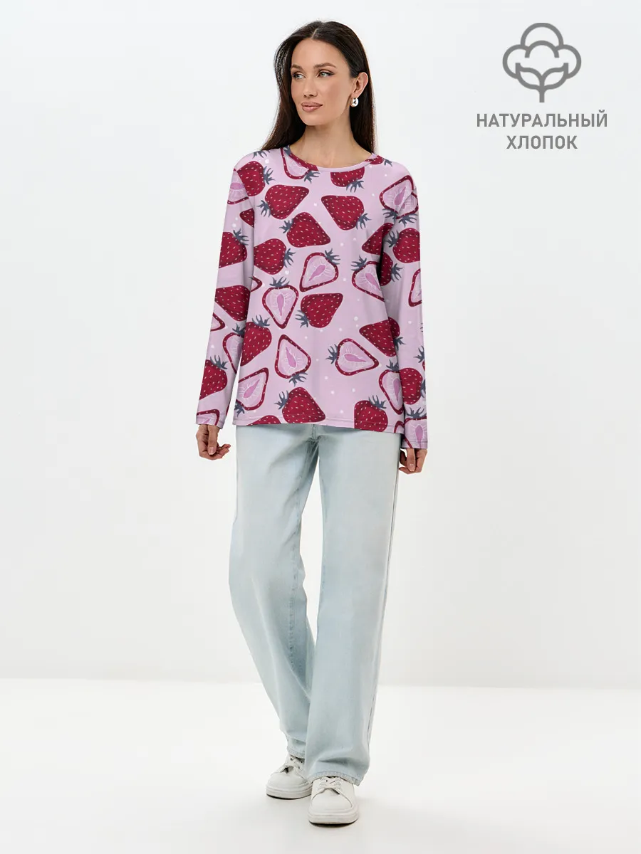 Лонгслив женский. Хлопок / Клубничка
