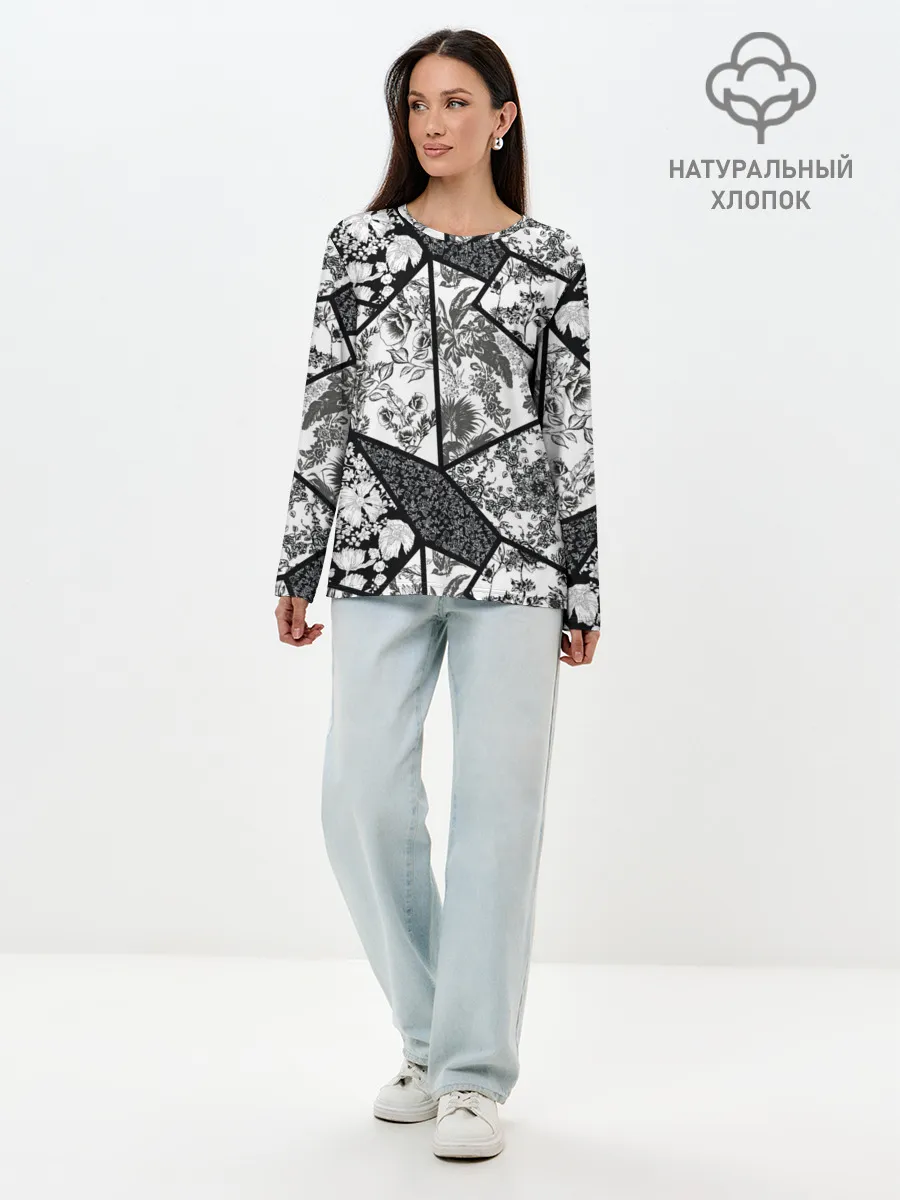 Лонгслив женский. Хлопок / Цветочный Кинцуги / Kintsugi