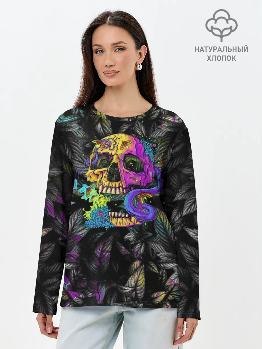 Лонгслив женский. Хлопок / Череп / Психоделика