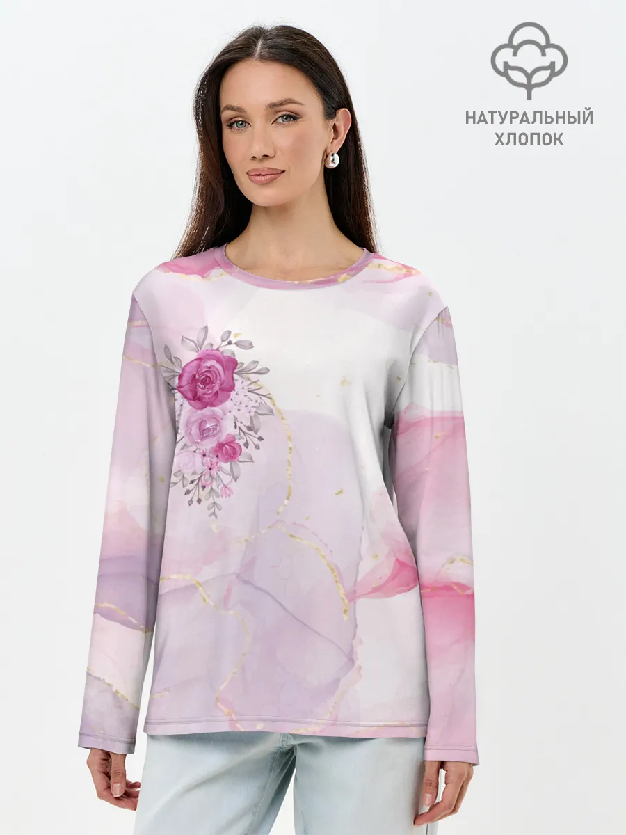 Лонгслив женский. Хлопок / Цветы роспись акварелью