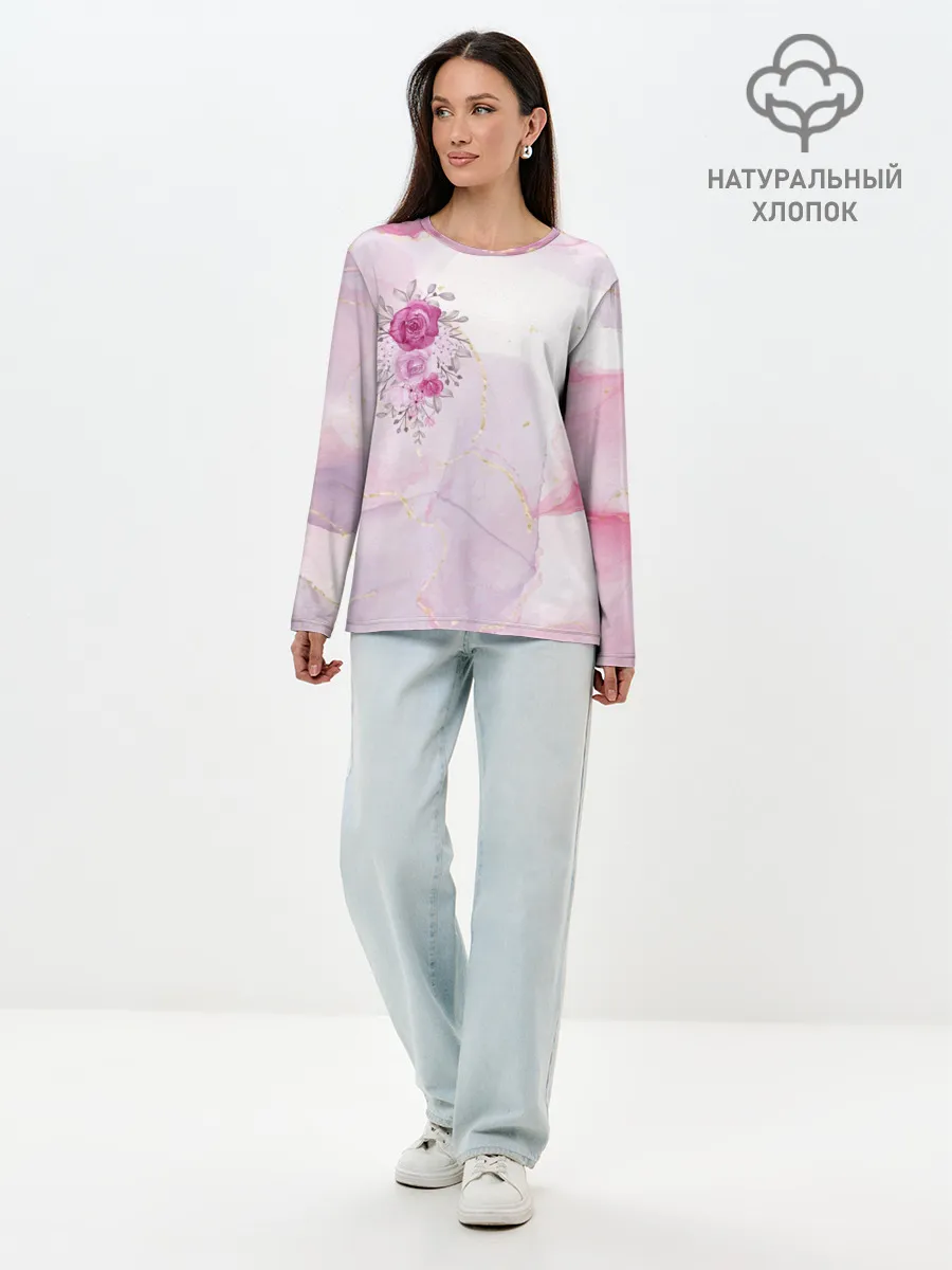 Лонгслив женский. Хлопок / Цветы роспись акварелью