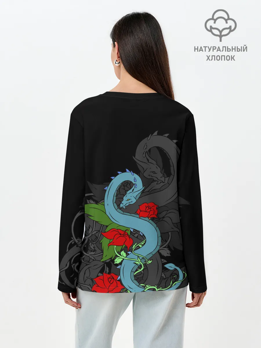 Лонгслив женский. Хлопок / Дракон и Розы