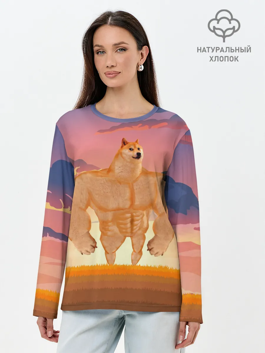 Лонгслив женский. Хлопок / Мем собака качок DOGE