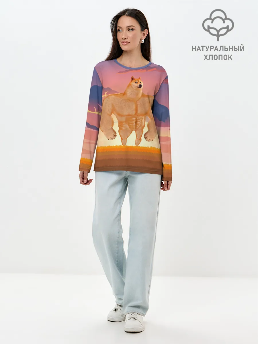 Лонгслив женский. Хлопок / Мем собака качок DOGE