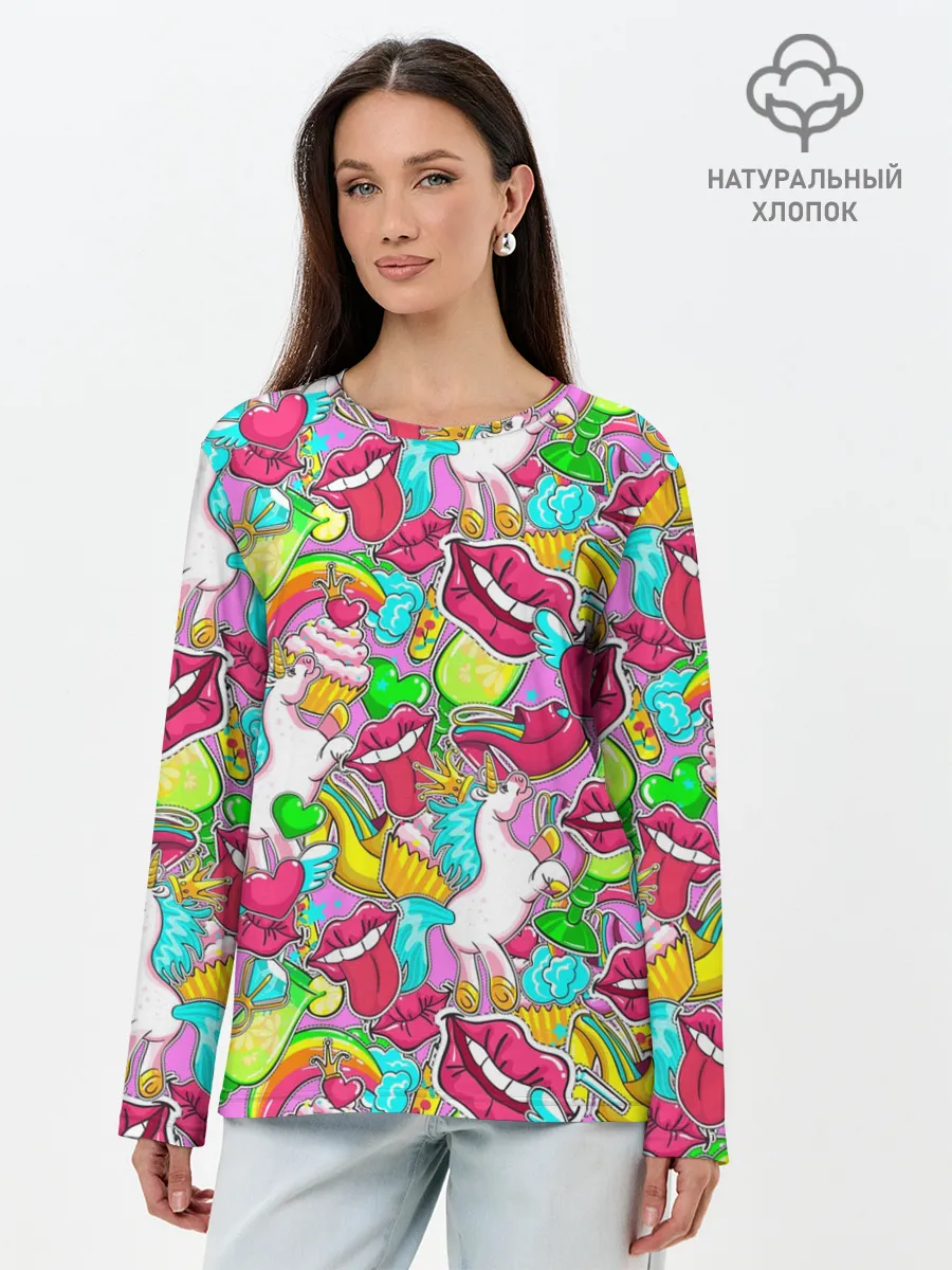 Лонгслив женский. Хлопок / Губы фреш