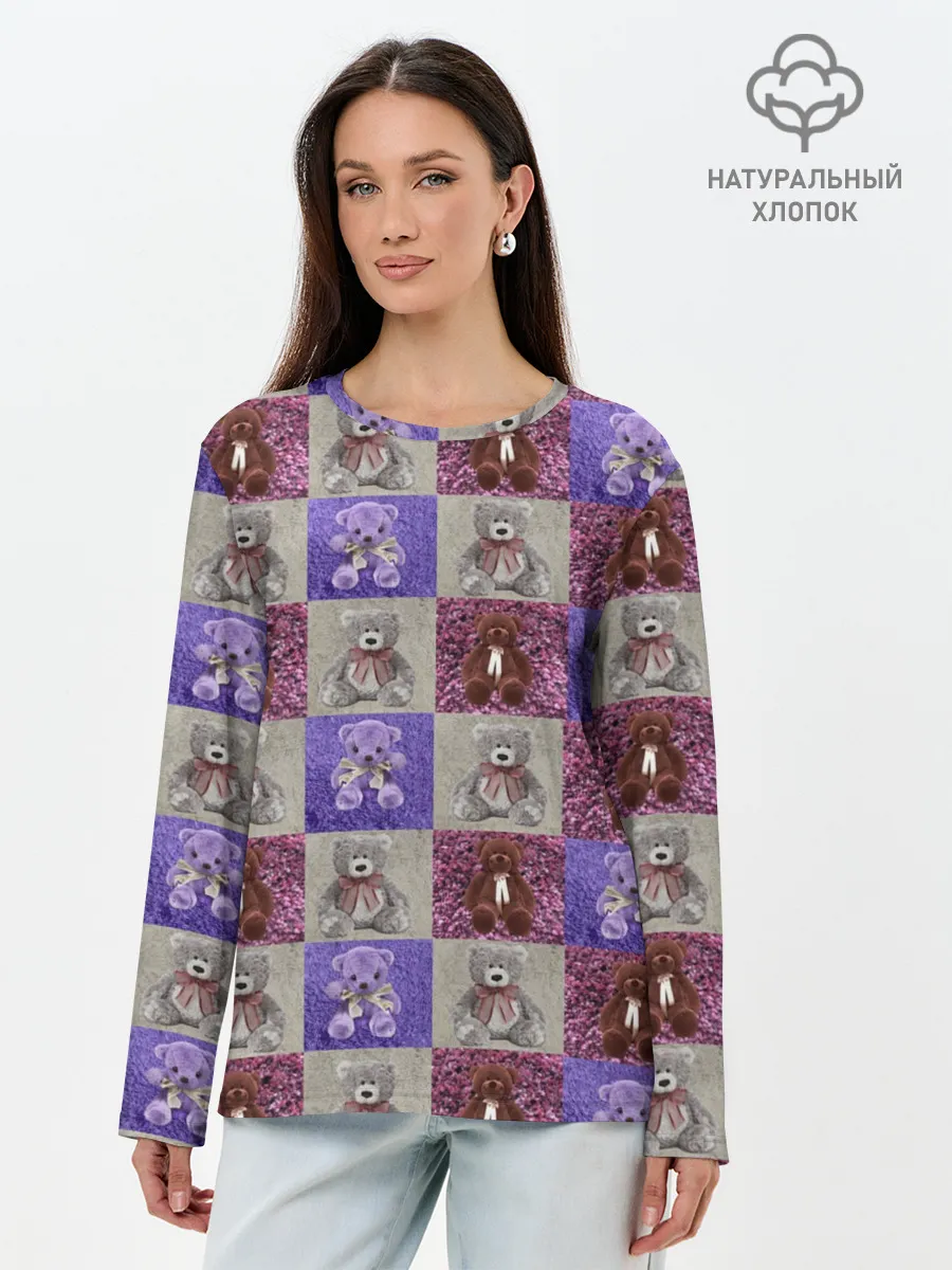 Лонгслив женский. Хлопок / Медведи на ковре