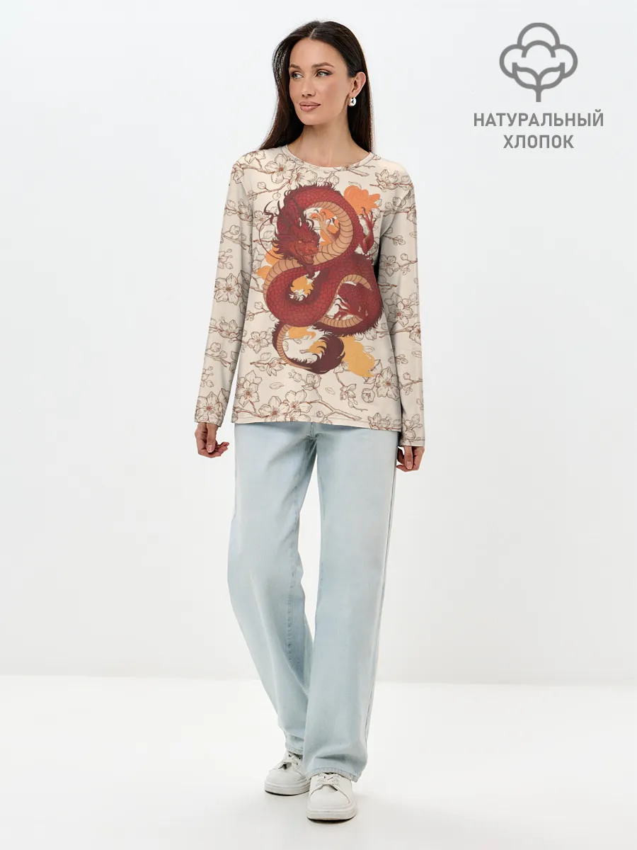 Лонгслив женский. Хлопок / Китайский Дракон и Сакура