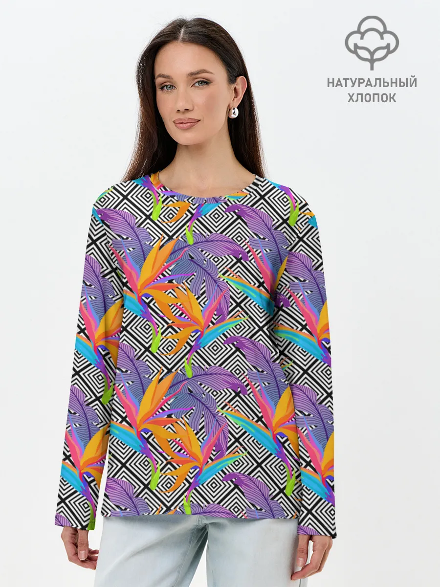 Лонгслив женский. Хлопок / Тропические цветы и узоры