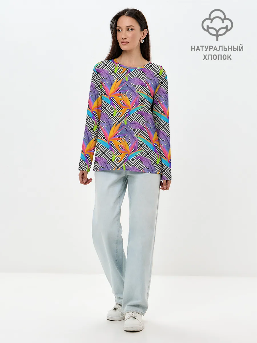 Лонгслив женский. Хлопок / Тропические цветы и узоры