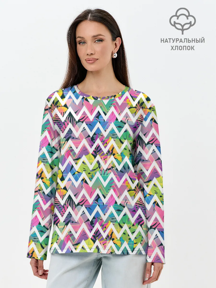 Лонгслив женский. Хлопок / Кривая линия и цветы