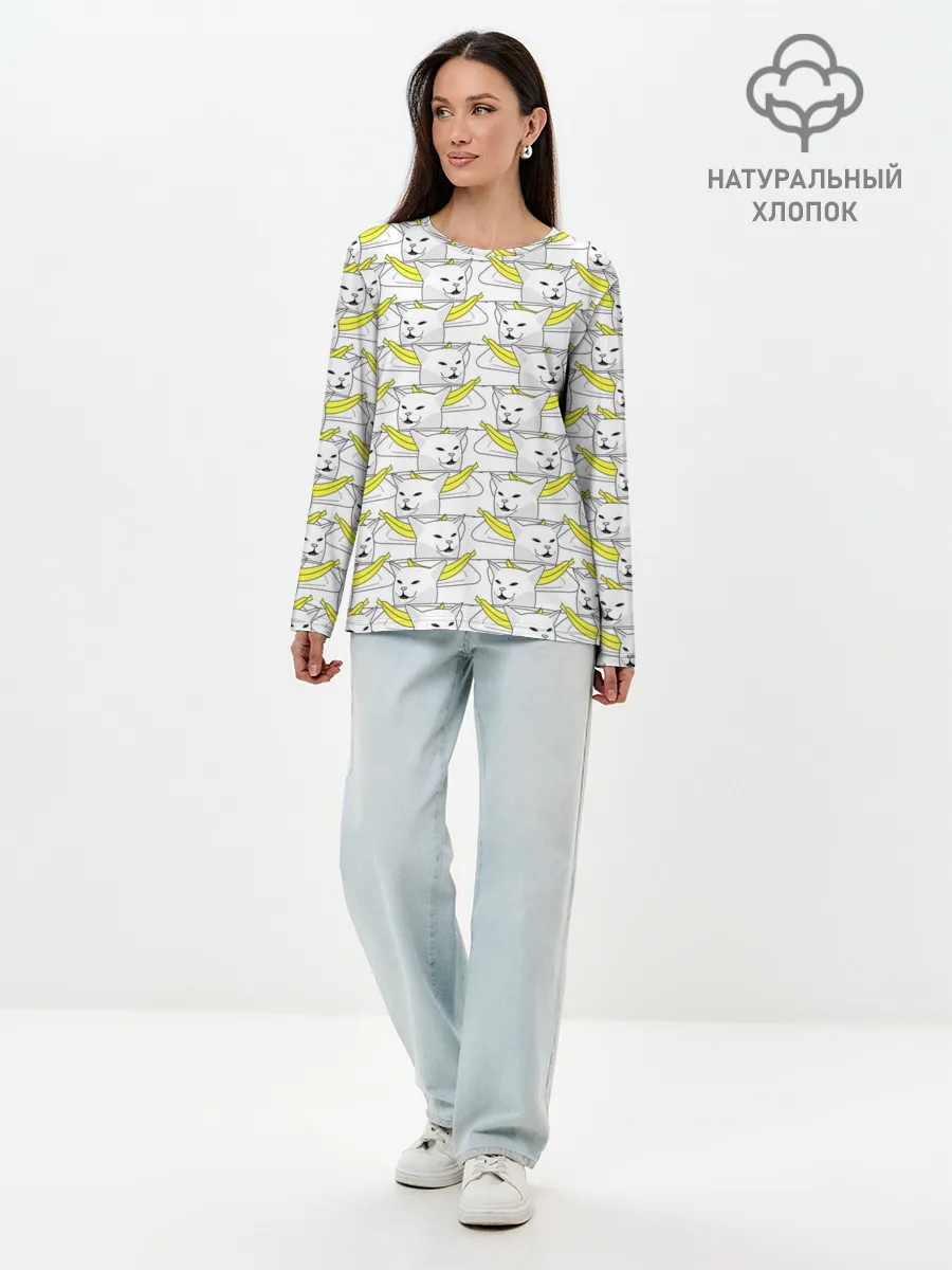 Лонгслив женский. Хлопок / Кот с бананом