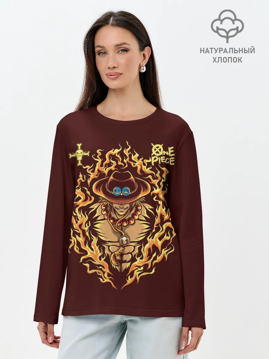 Лонгслив женский. Хлопок / One Piece Портгас Д. Эйс в огне