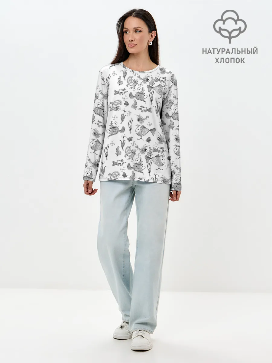 Лонгслив женский. Хлопок / Рисованные сказочные рыбки