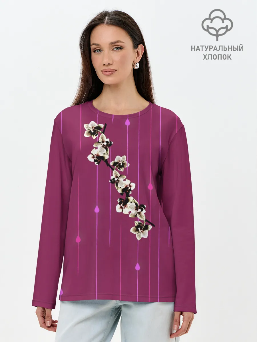 Лонгслив женский. Хлопок / Орхидеи